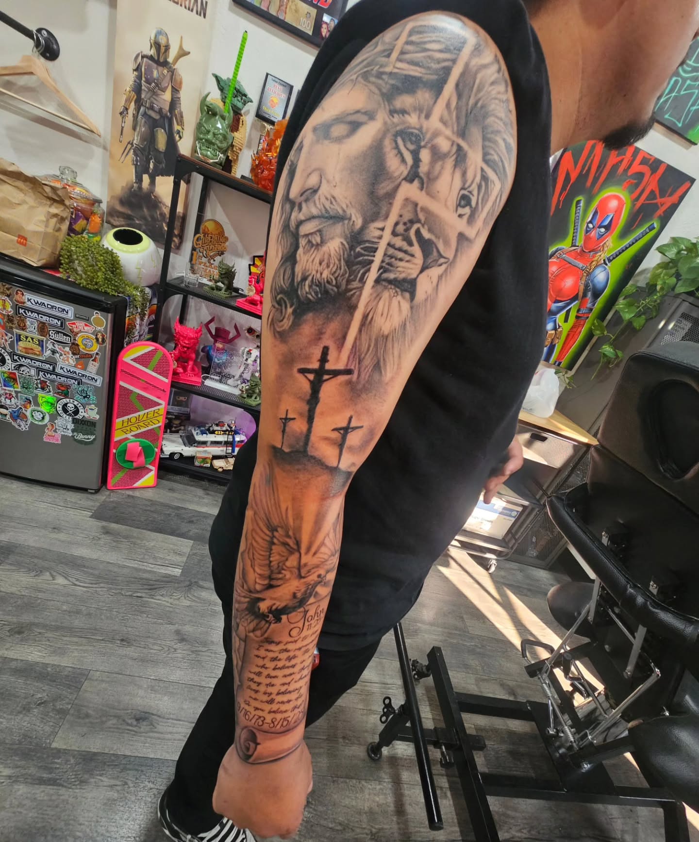 Religious imagery realism tattoo on the forearm by Matthew Ashmore