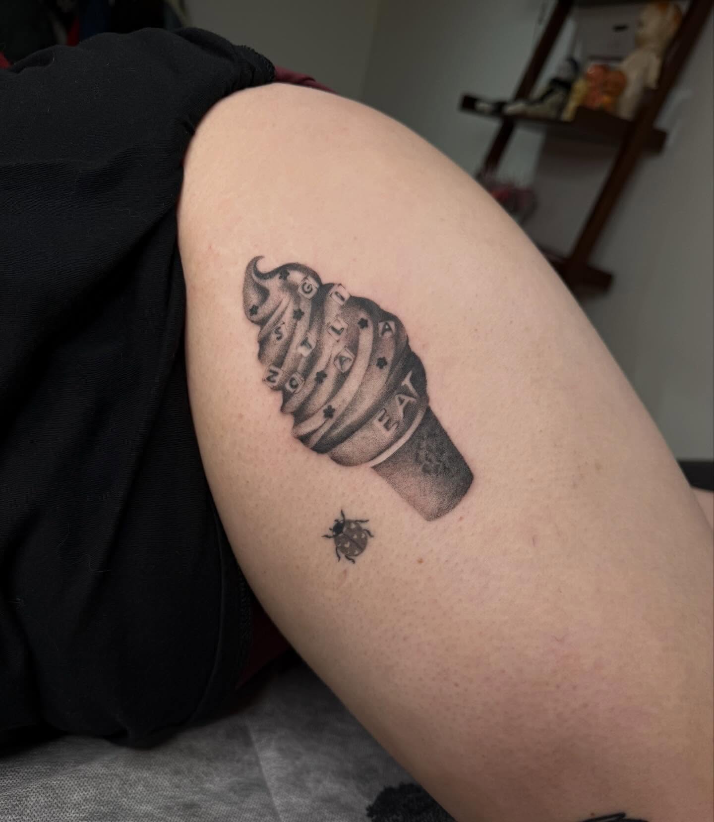 Ice cream cone black and grey tattoo on the thigh by 🗡Addie Kat🗡