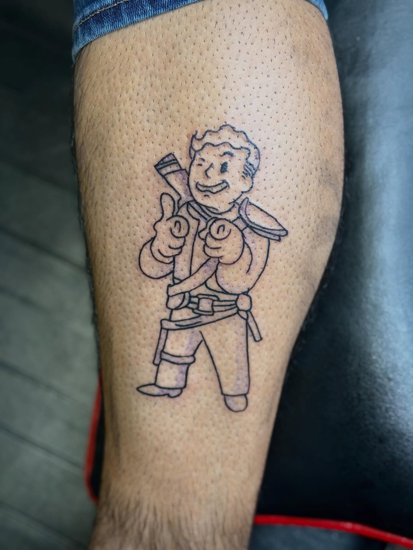 Vault Boy dotwork tattoo on the thigh by ♱ C ♱, Dallas, Texas