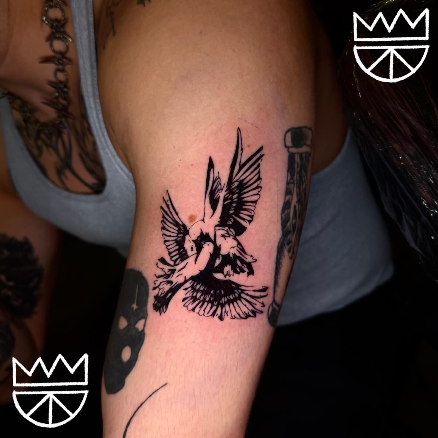 Angelic couple black and grey tattoo on the forearm by Prncjordn, Stallings, North Carolina