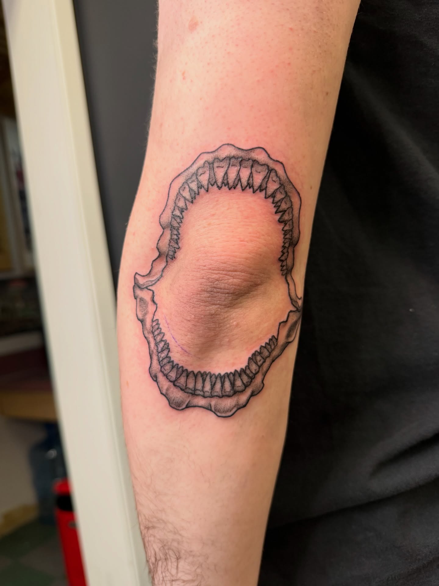 Jawbone black and grey tattoo on the forearm by Noah Blum