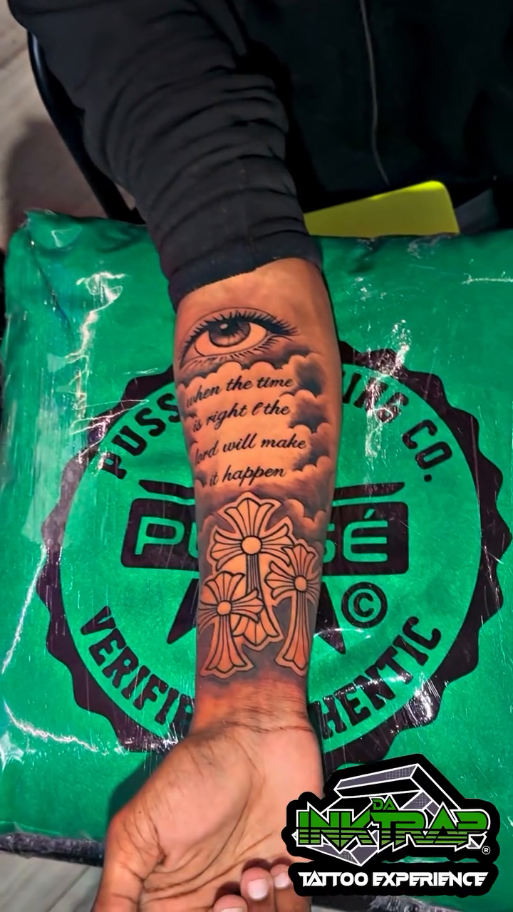 Eye, text, and cross fine line tattoo by Atlanta Tattoo Artist βπ½