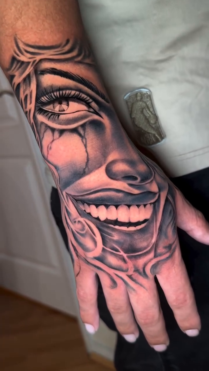 Clown face Chicano tattoo by Yari, Los Angeles, California