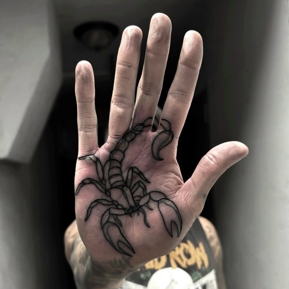 Scorpion black and grey tattoo on the hand by Hades cabrera, Richmond, Virginia