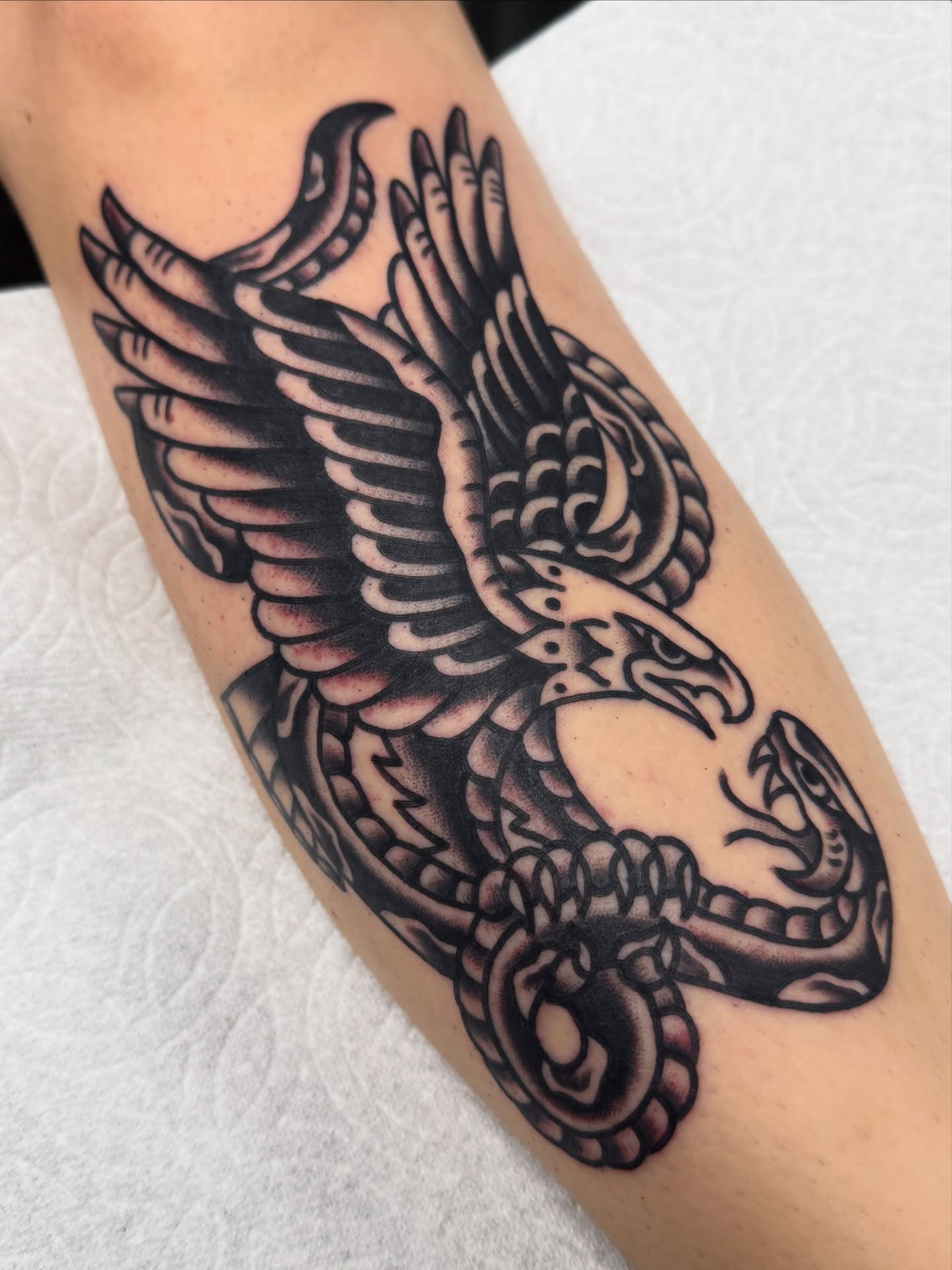 Eagle and snake American traditional tattoo on the forearm by Joey Burdette Tattoos