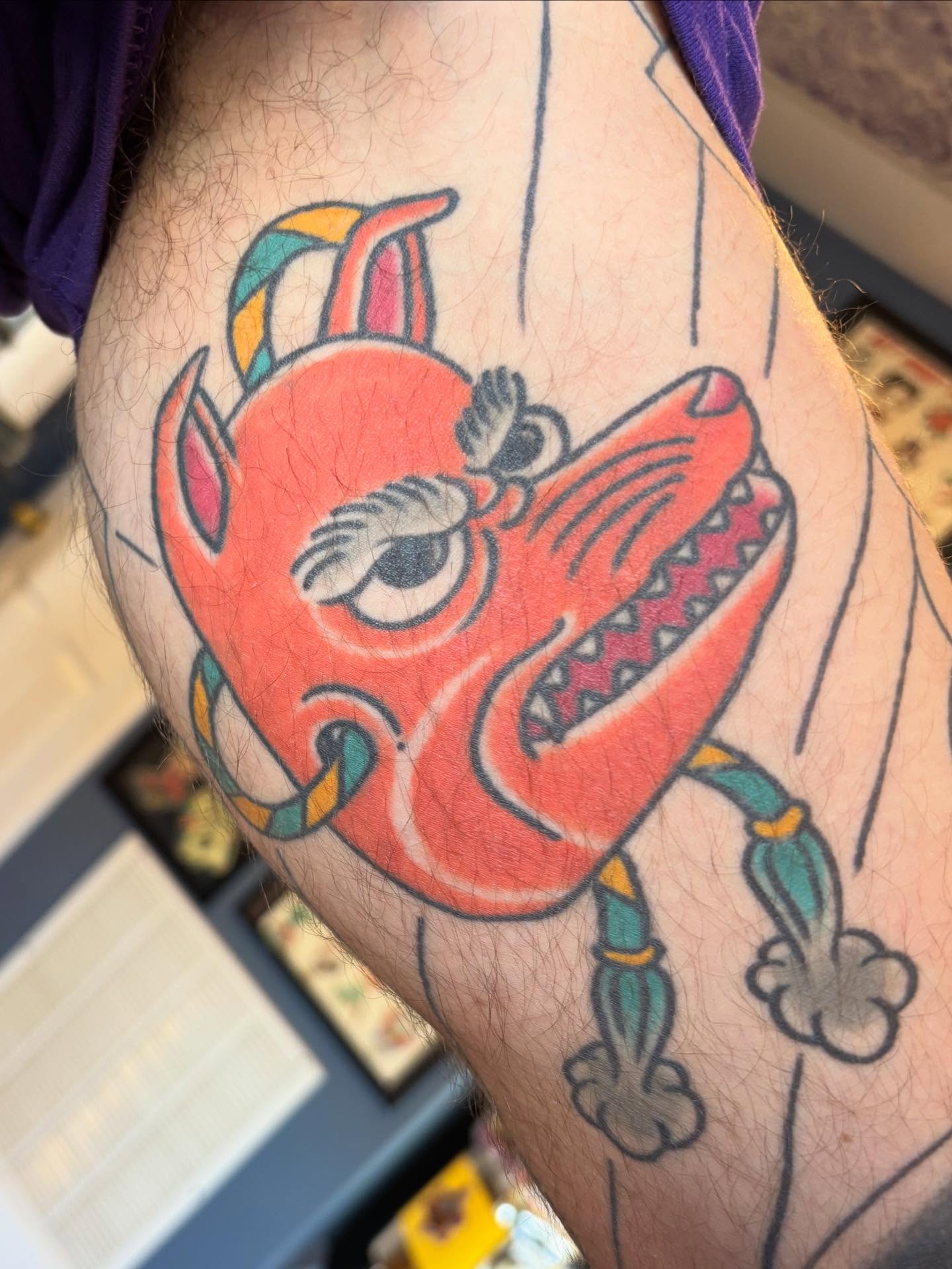 Demon American traditional tattoo on the forearm by Josh Albers