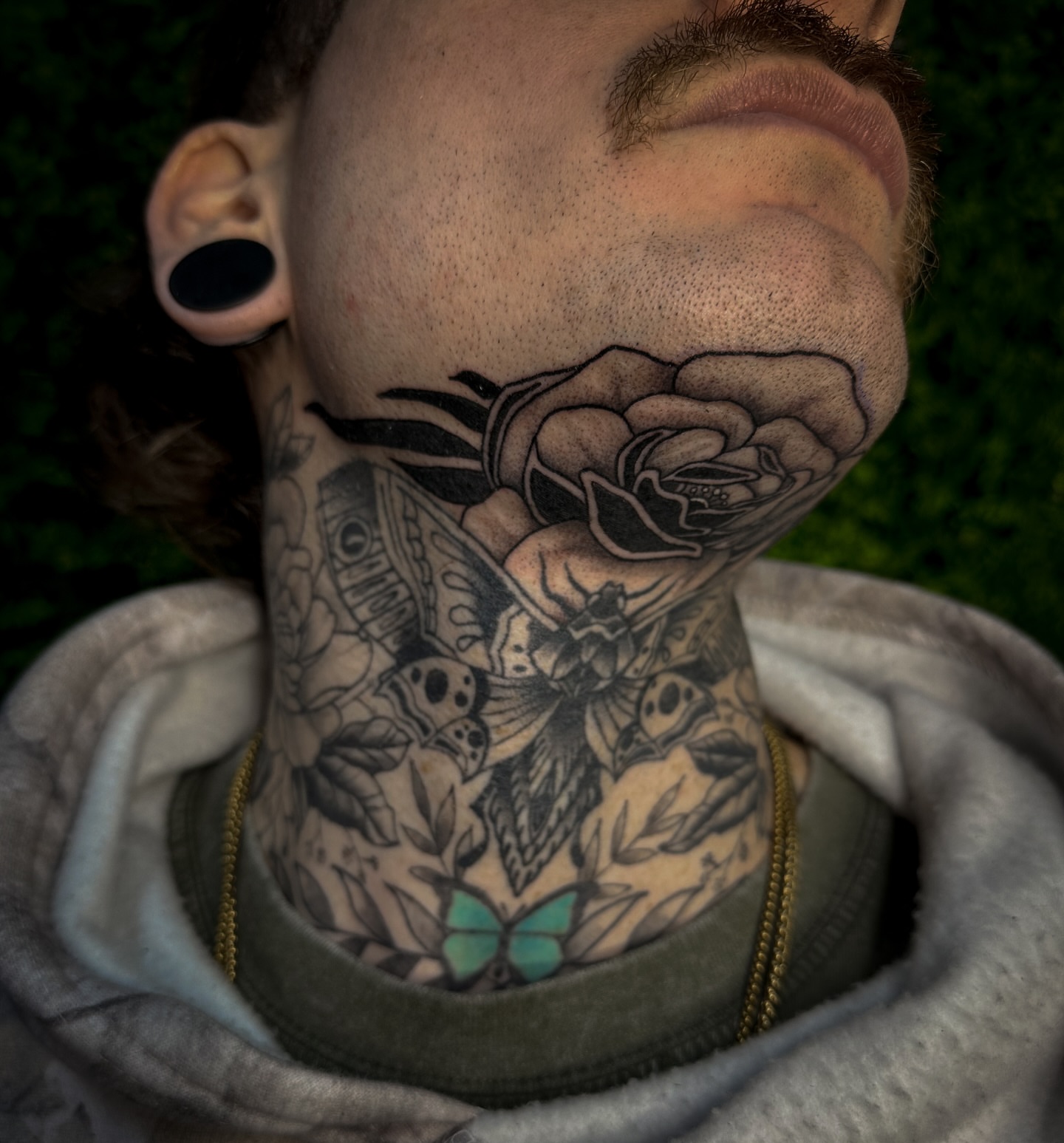 Rose and moth American traditional tattoo on the neck by 𝑰𝒍𝒍𝒖𝒔𝒕𝒓𝒂𝒕𝒊𝒗𝒆 𝑵𝒂𝒕𝒖𝒓𝒆 𝑻𝒂𝒕𝒕𝒐𝒐 𝑨𝒓𝒕𝒊𝒔𝒕