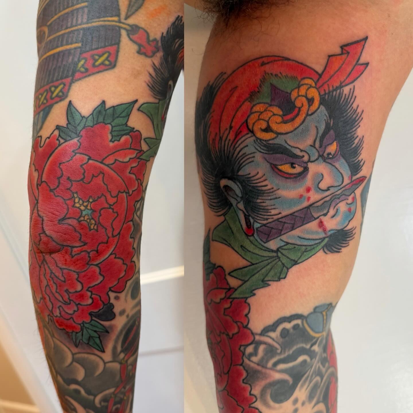 Japanese demon and peony American traditional tattoo on the forearm by Laura Saadati Kepper
