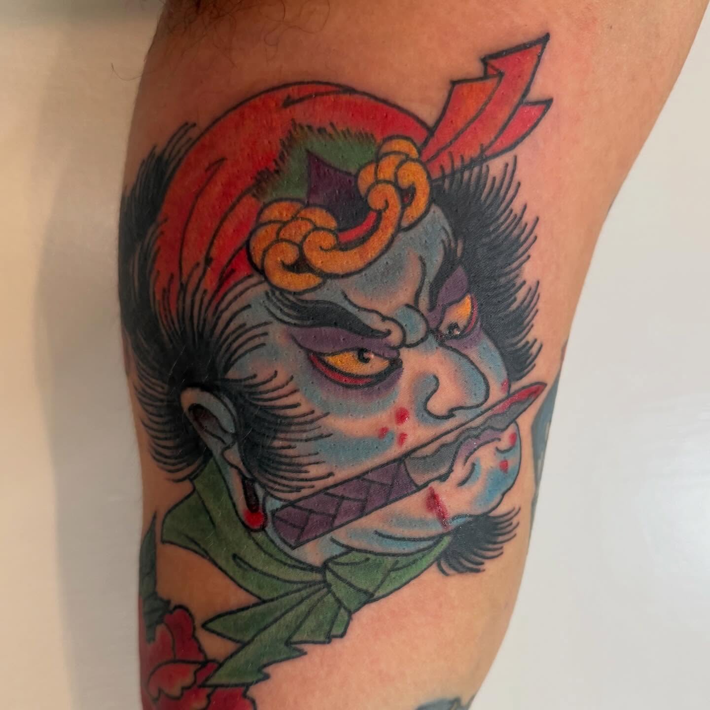 Japanese demon American traditional tattoo on the forearm by Laura Saadati Kepper