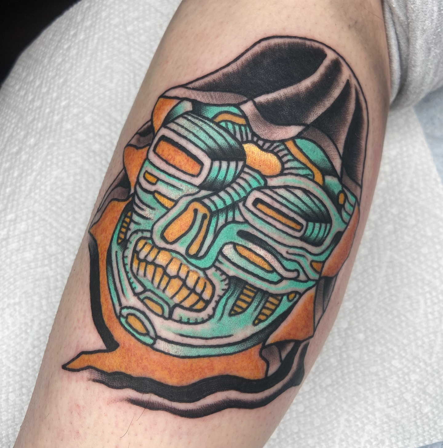 Mechanical skull geometric tattoo on the forearm by nicholas mcevoy, Boston, Massachusetts