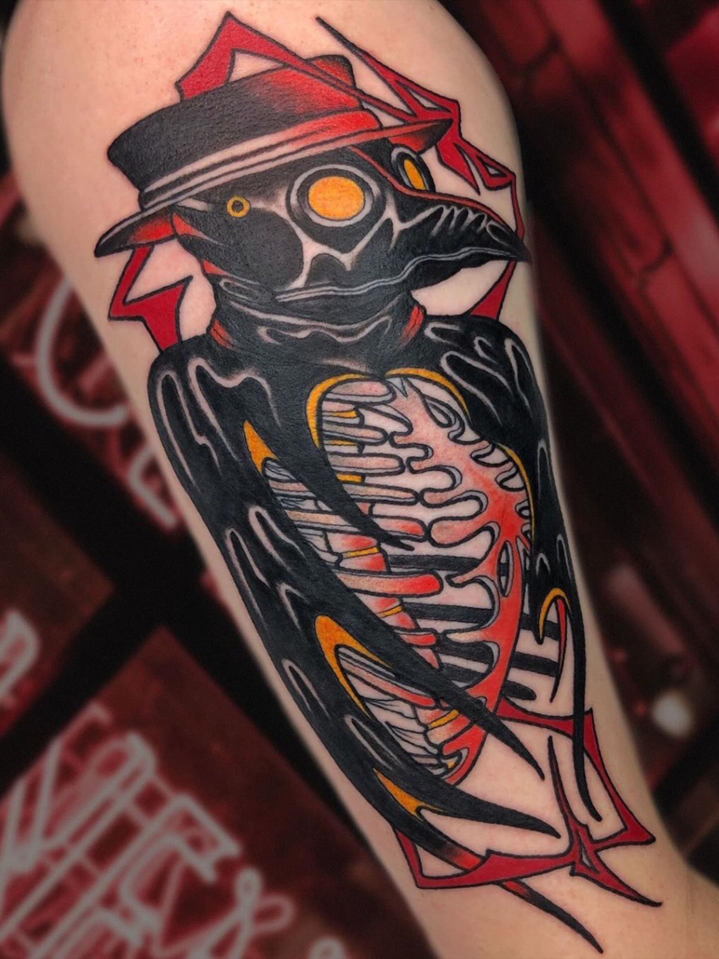Crow American traditional tattoo on the forearm by Shane Klos