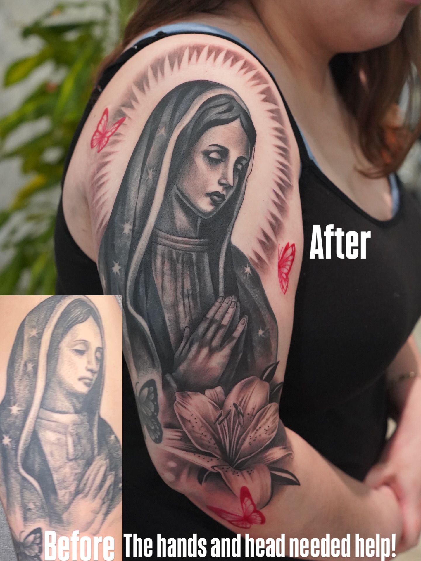 Religious figure praying realism tattoo on the upper arm by Jess Dominguez