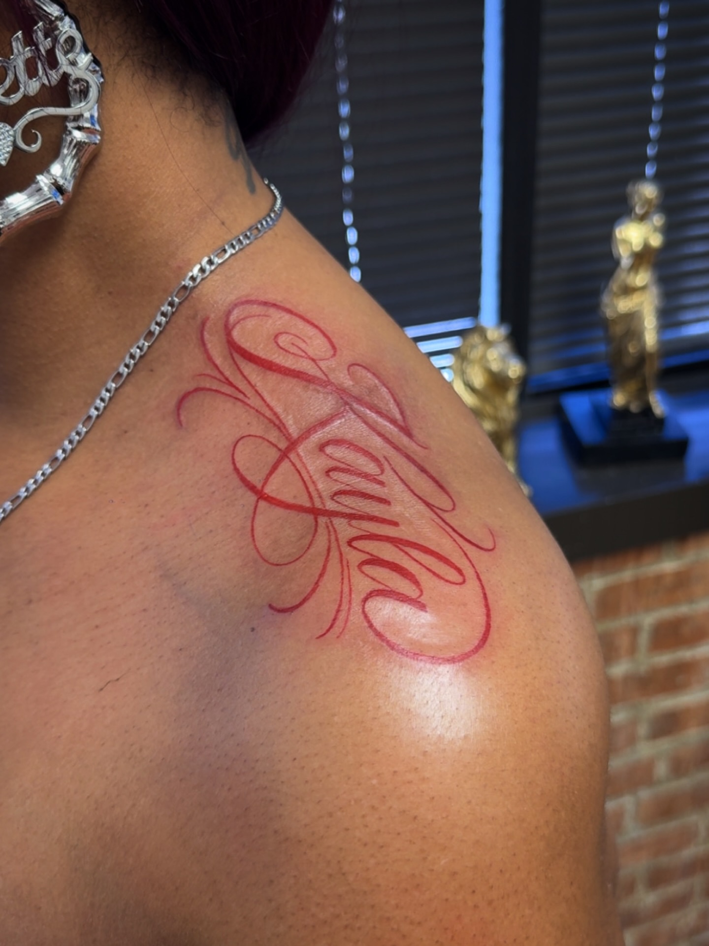 Script lettering lettering script tattoo on the shoulder by Royal Martinez