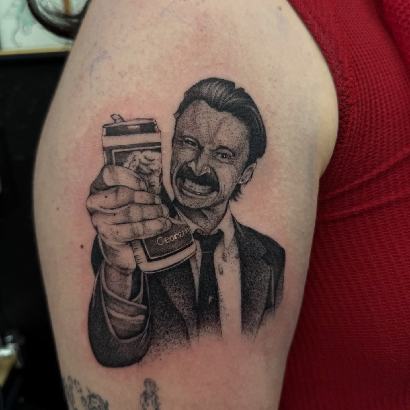 Man with mustache dotwork tattoo on the forearm by dinah