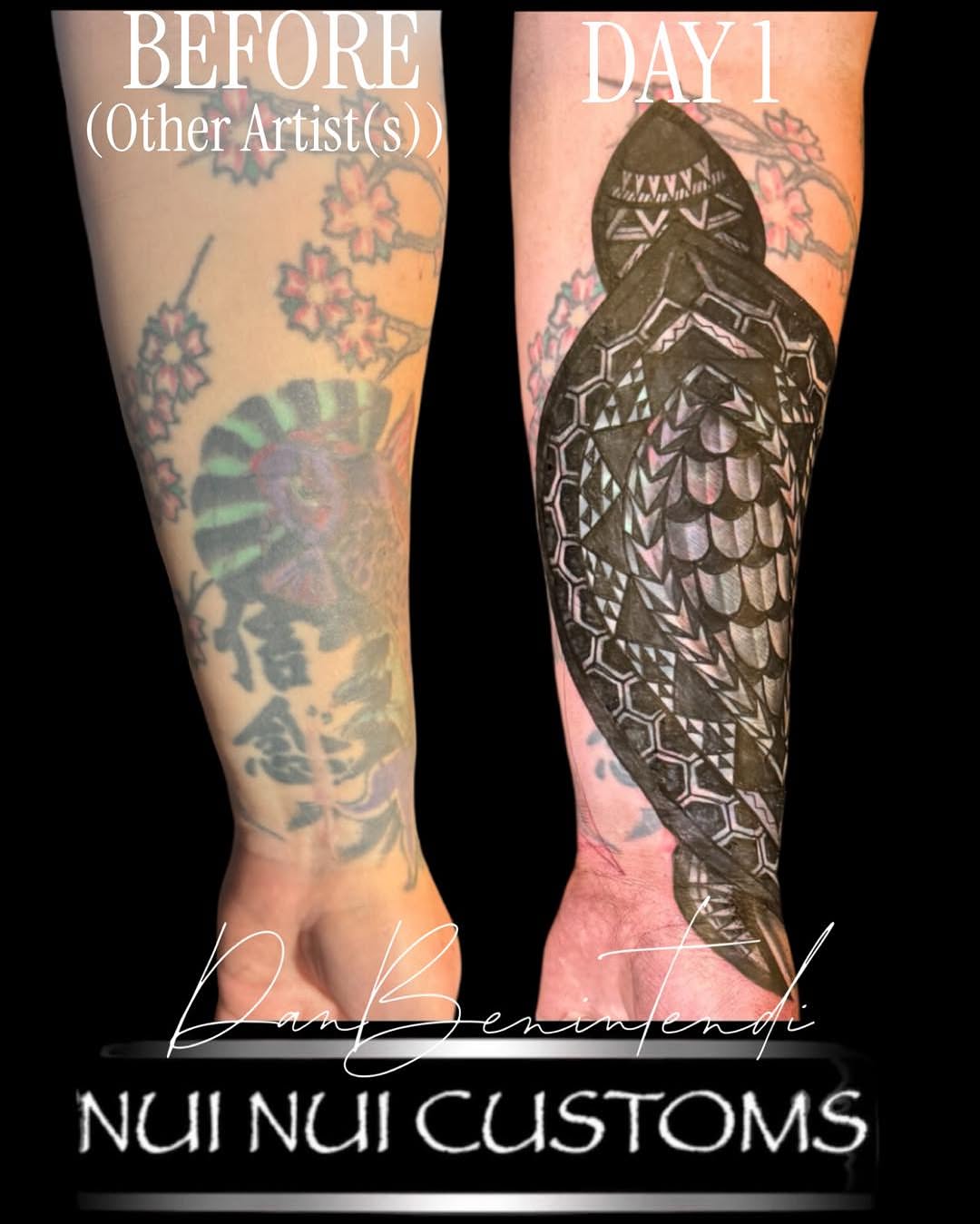 Koi fish geometric tattoo on the calf by Dan Benintendi l Polynesian Tattoo, Fort Worth, Texas