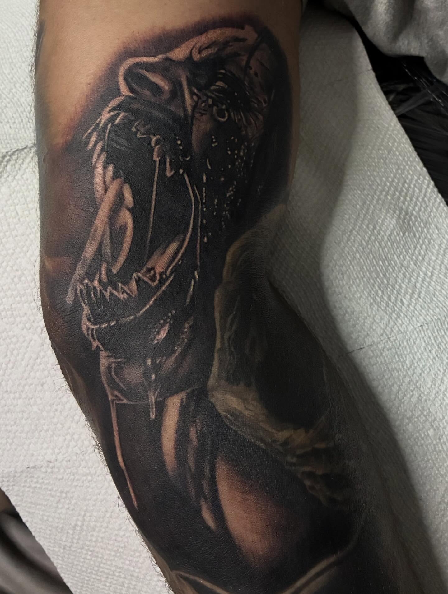 Owl dark realism tattoo on the forearm by payaso