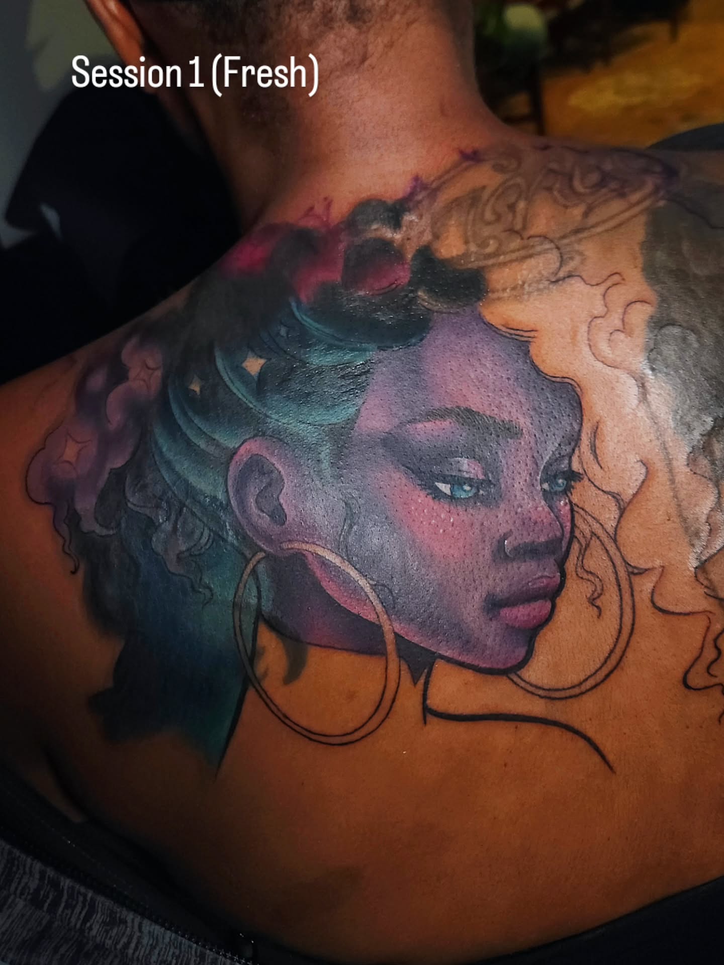 Woman with colorful hair dotwork tattoo on the back by ๐๐๐๐