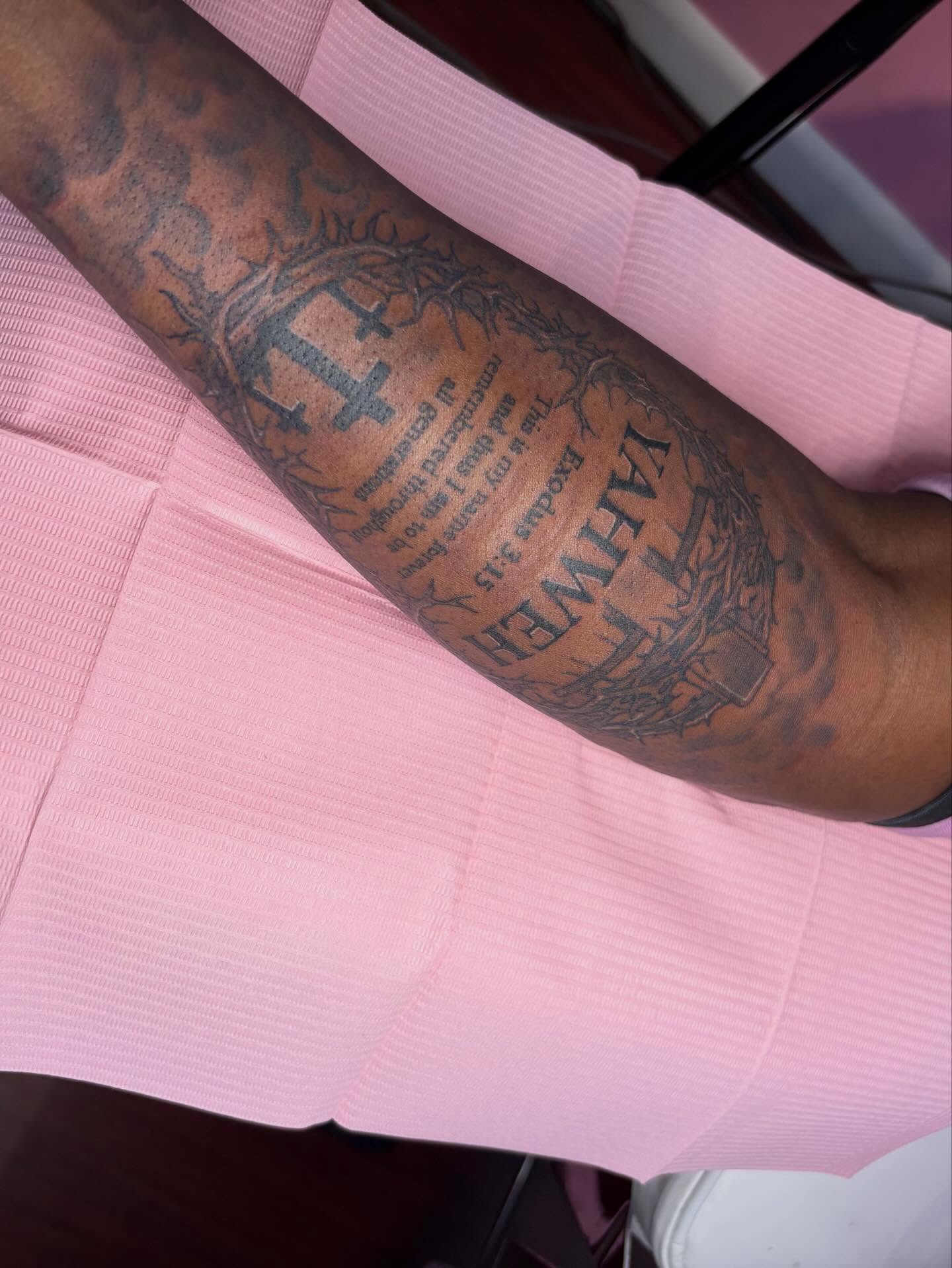 Religious text black and grey tattoo on the forearm by addicted222inkk🎨