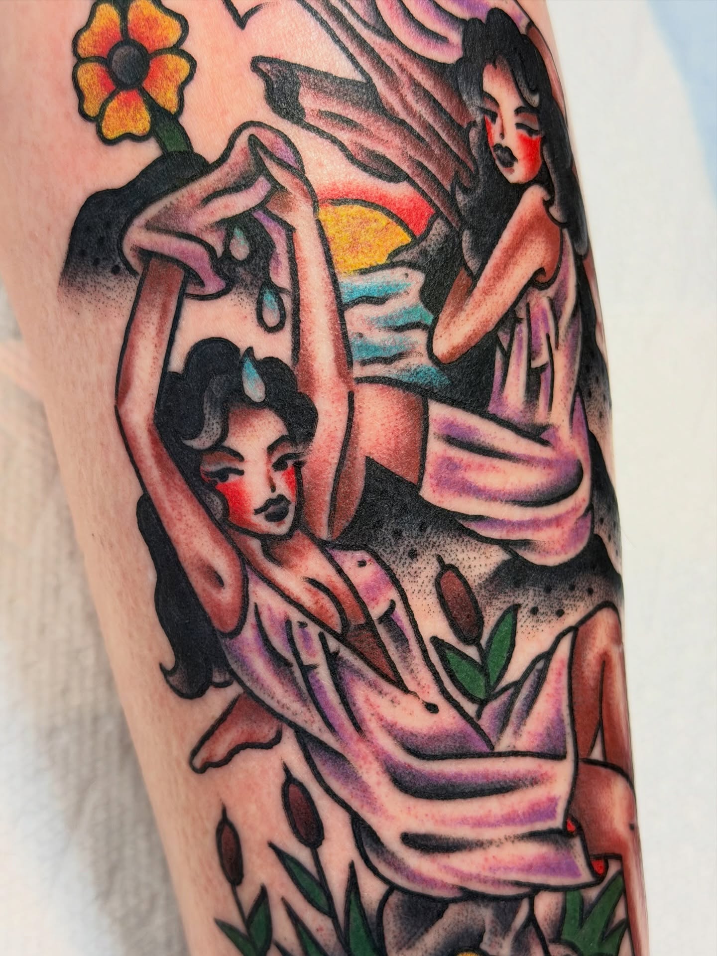 Two women dancing American traditional tattoo on the forearm by 🌈KNOXVILLE’S FAVORITE TATTOO ARTIST 👽 마법 버섯