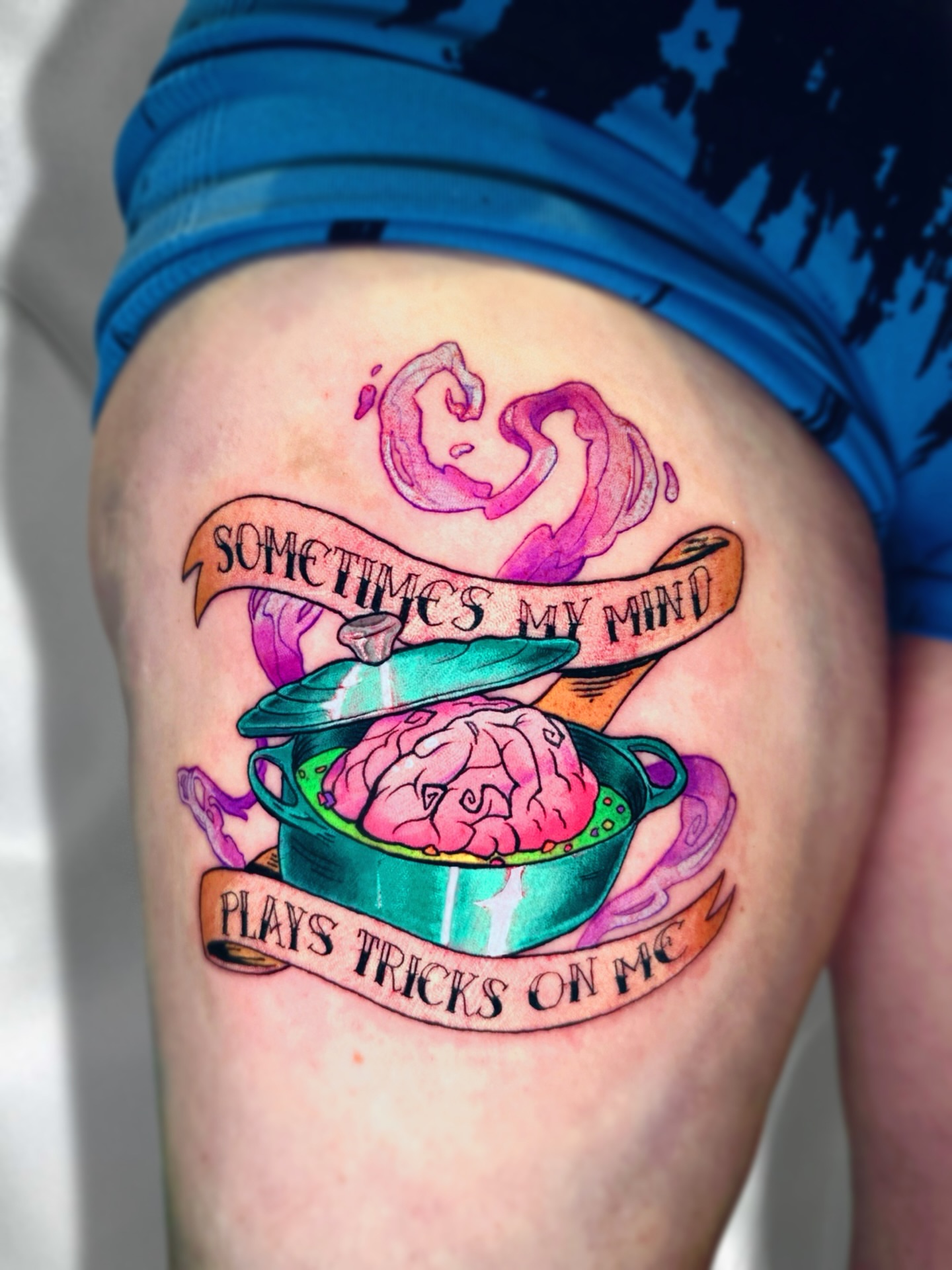 Brain in pot new school tattoo on the thigh by Lex