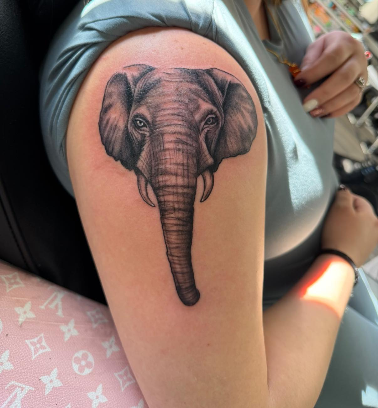Elephant realism tattoo on the shoulder by Haley Winfree