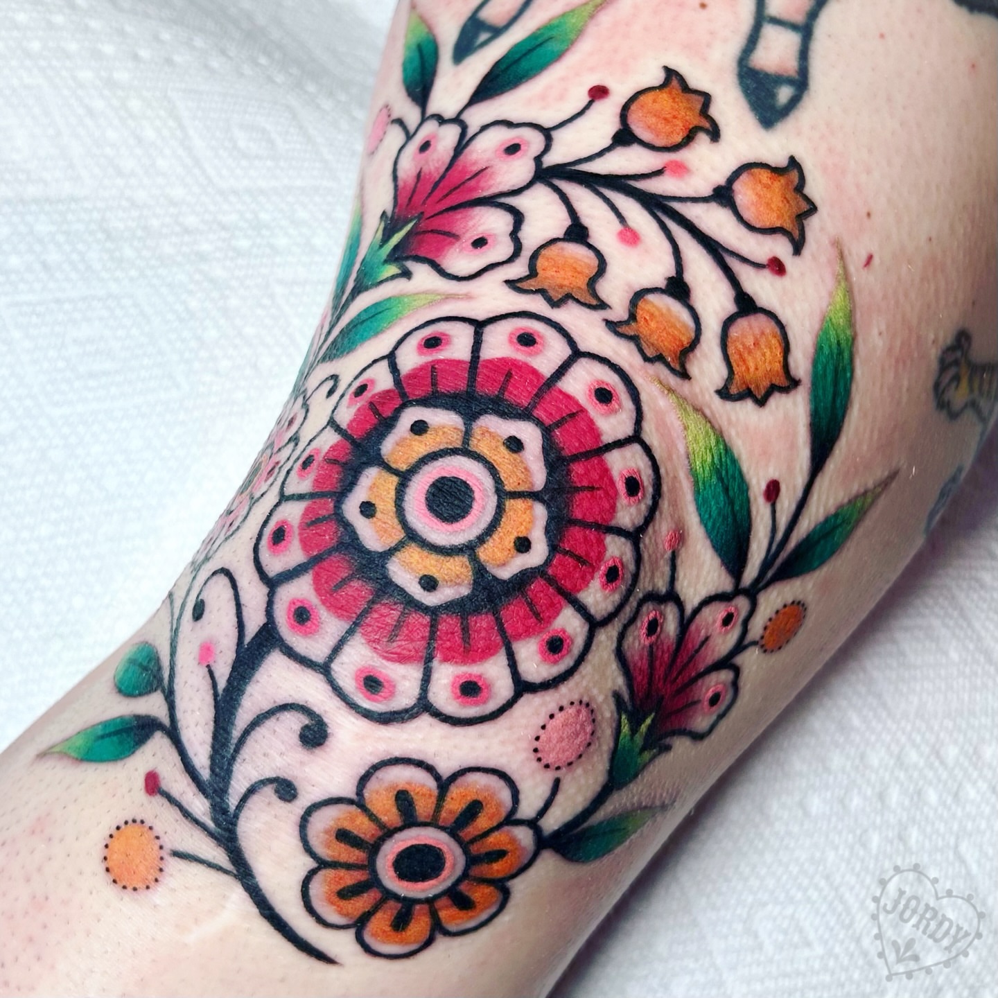 Floral mandala American traditional tattoo on the forearm by jordy, Philadelphia, Pennsylvania