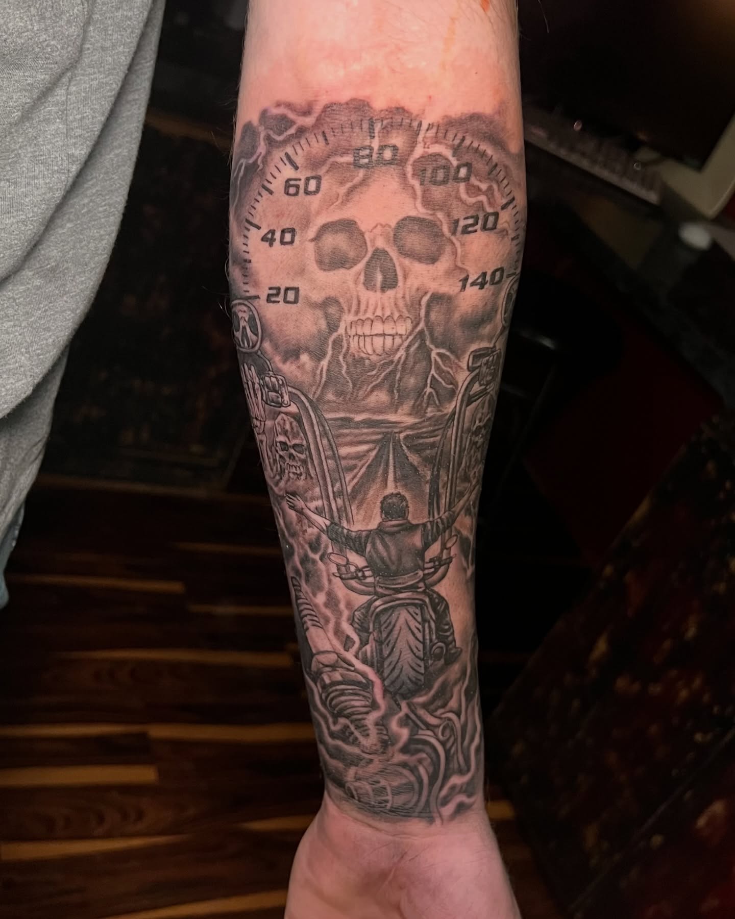 Tattoo by @hotrodink — black_and_grey, realism