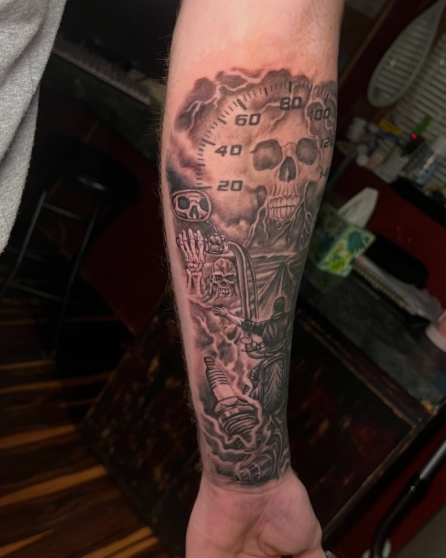 Tattoo by @hotrodink — black_and_grey, realism