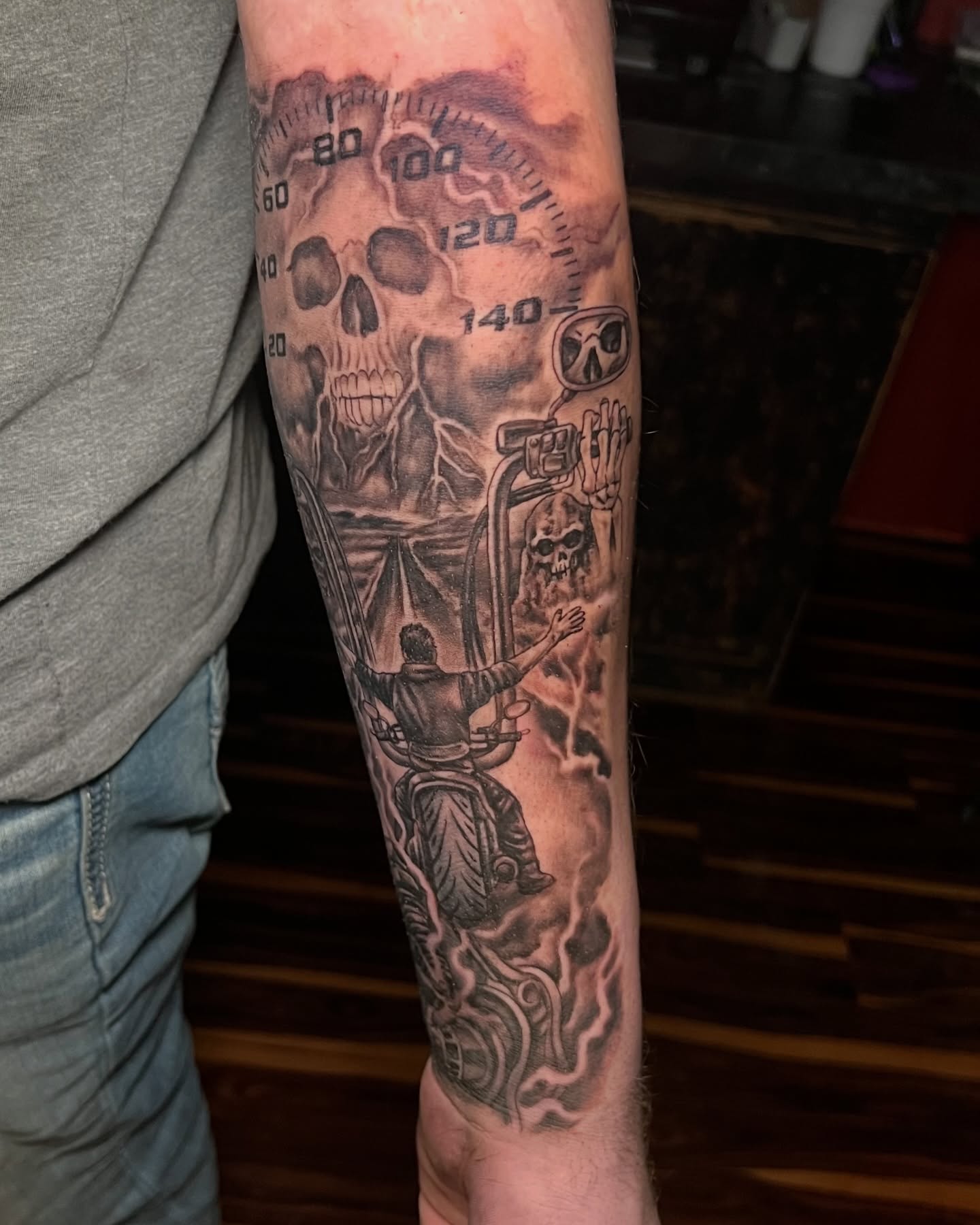 Tattoo by @hotrodink — black_and_grey, realism