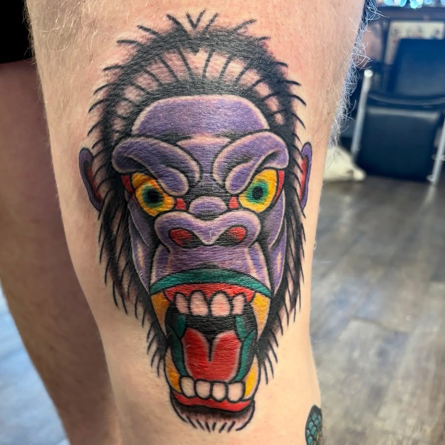 Gorilla American traditional tattoo on the forearm by Las Vegas Tattoo Artist