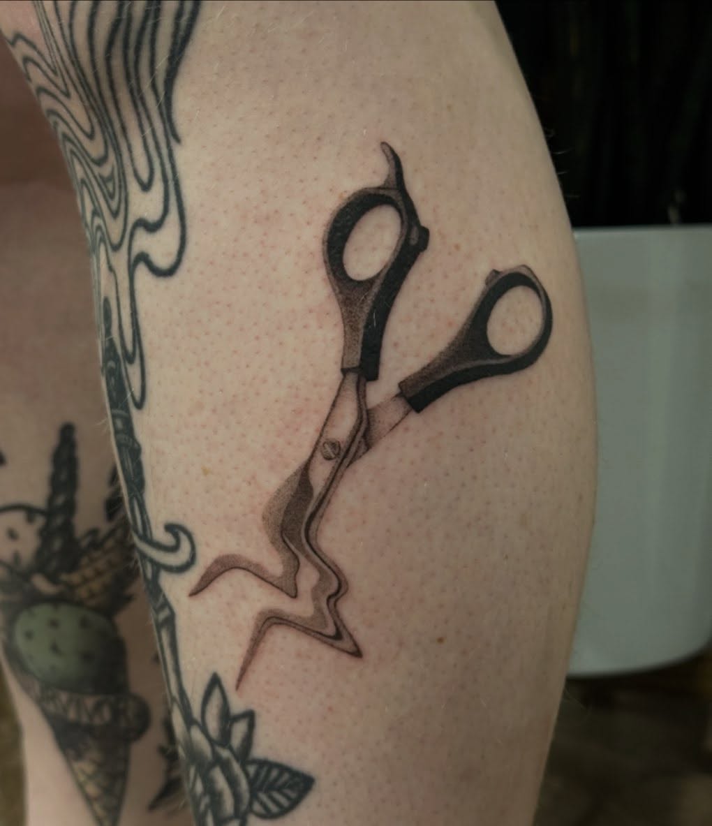 Scissors black and grey tattoo on the forearm by sara scak, Lakewood, Ohio