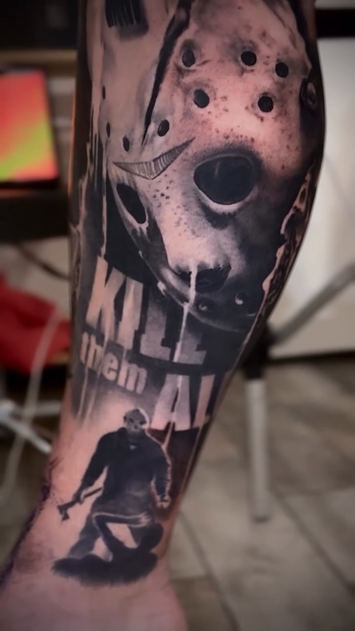 Jason Voorhees mask and figure realism tattoo by Tony Ink
