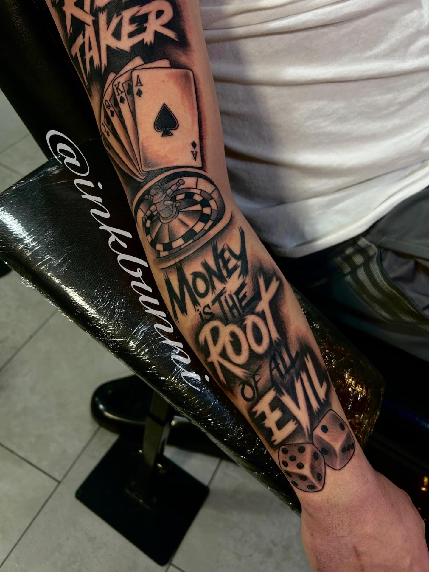 Money and gambling realism tattoo on the forearm by Hailey Aka inkbunni, Detroit, Michigan