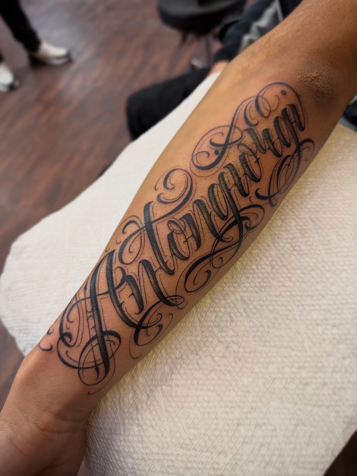 Script lettering lettering script tattoo on the forearm by $krypt