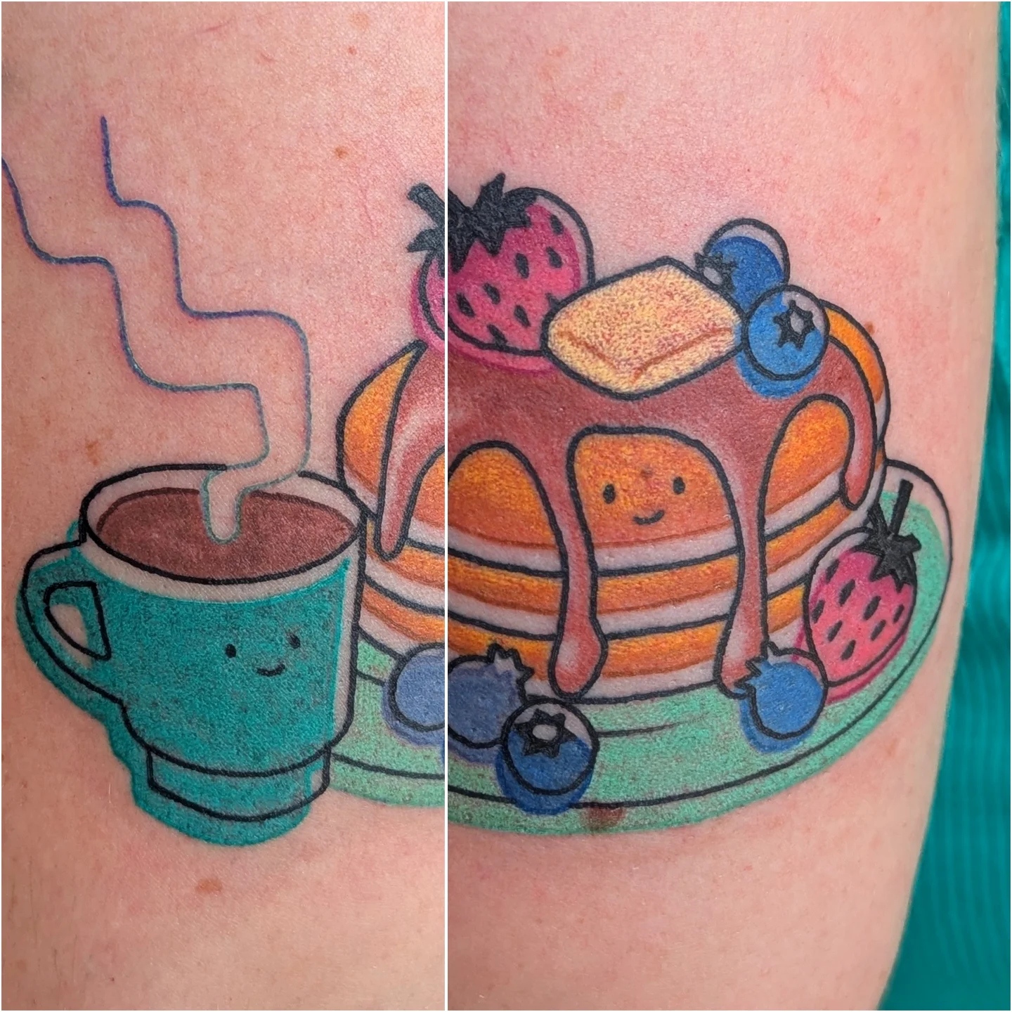 Pancake stack new school tattoo on the thigh by Angie Meuth