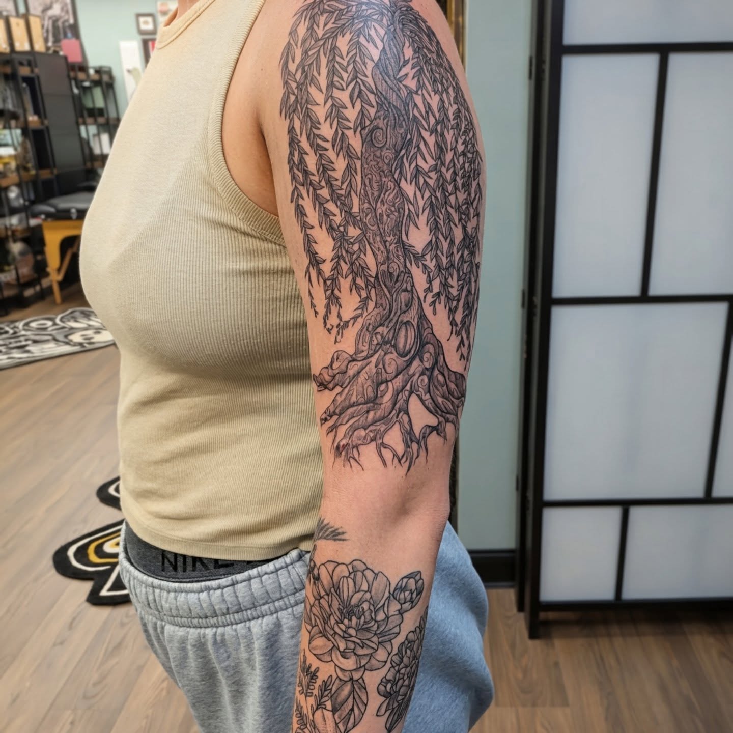 Weeping willow tree black and grey tattoo on the forearm by Devon Ward, Portland, Oregon