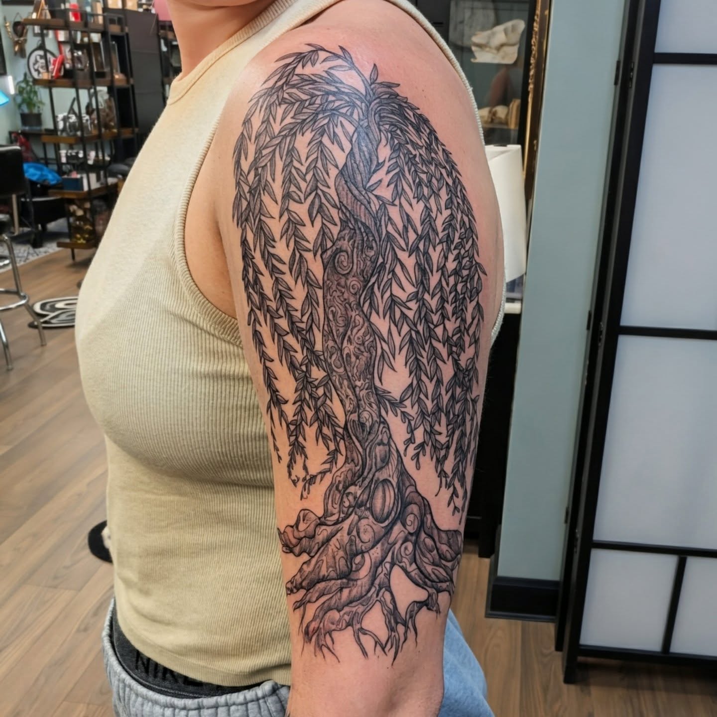 Weeping willow tree black and grey tattoo on the shoulder by Devon Ward, Portland, Oregon