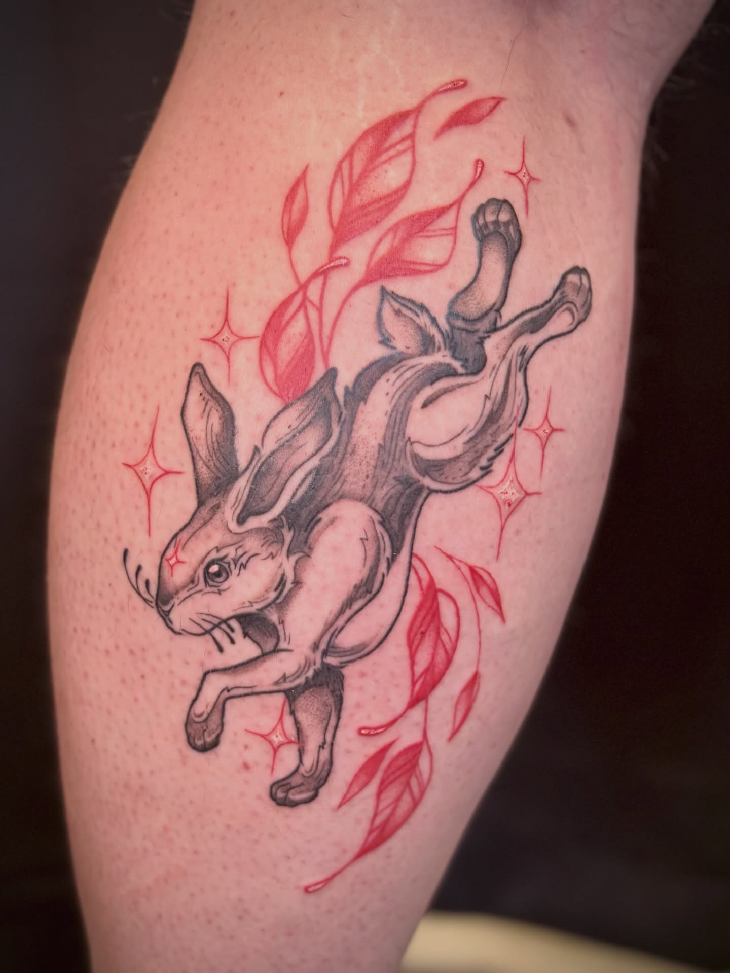Rabbit American traditional tattoo on the thigh by Maddie Morrill