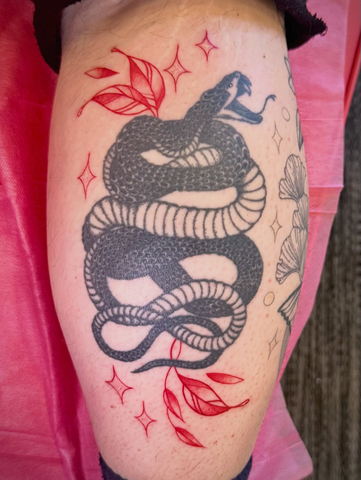 Snake black and grey tattoo on the forearm by Maddie Morrill