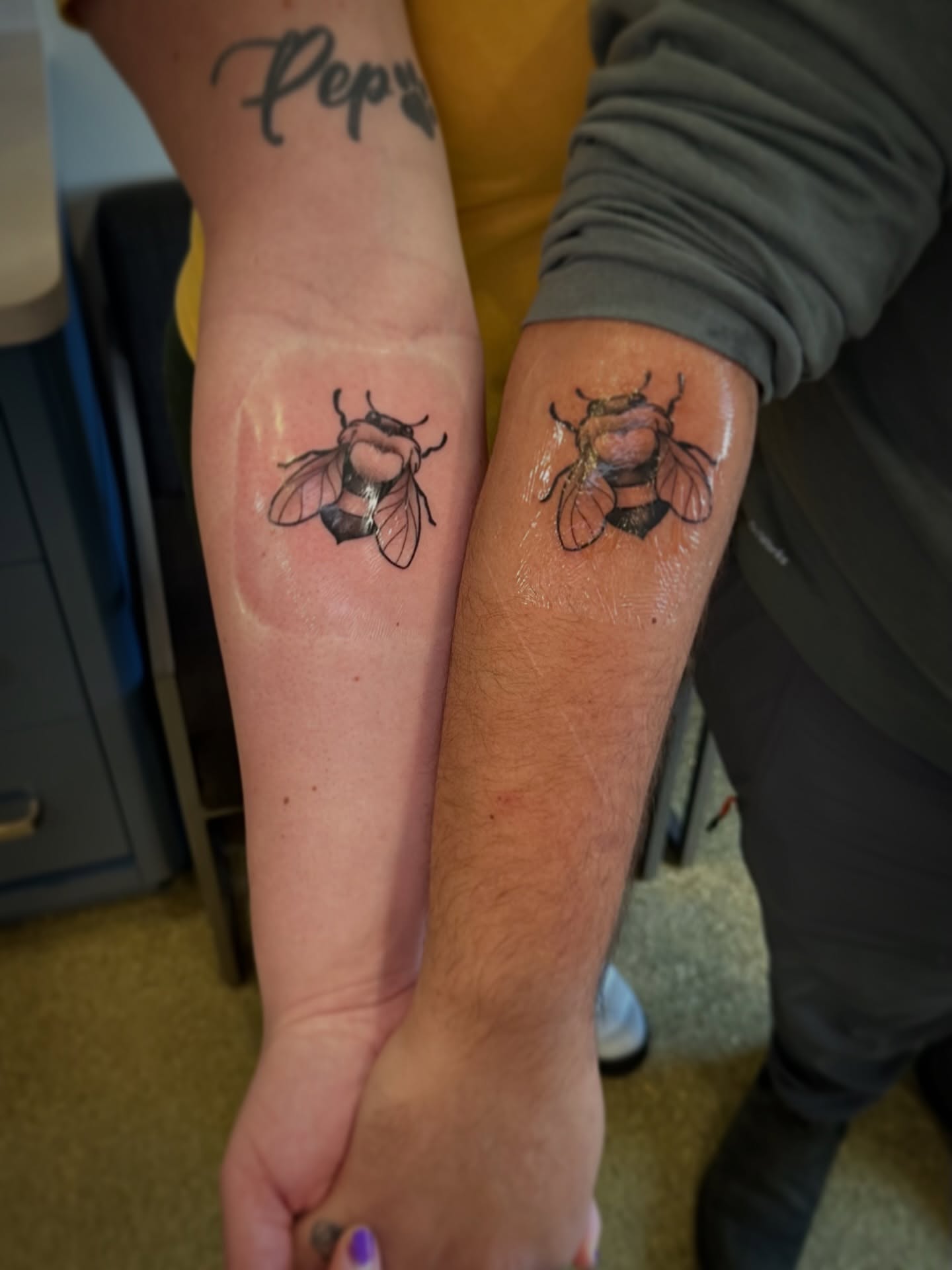 Bee realism tattoo on the forearm by Katie Hutchins, Dayton, Ohio