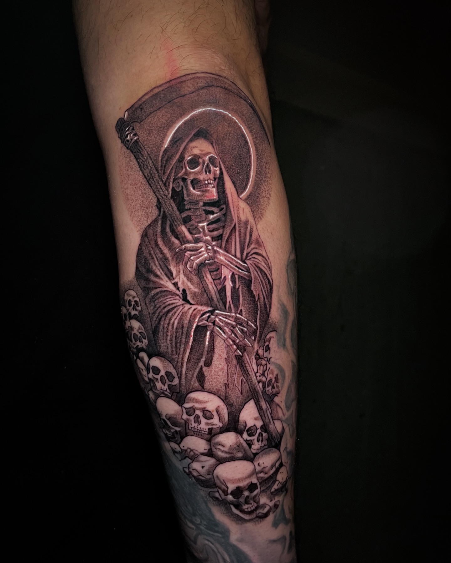 Grim reaper realism tattoo on the forearm by Chato