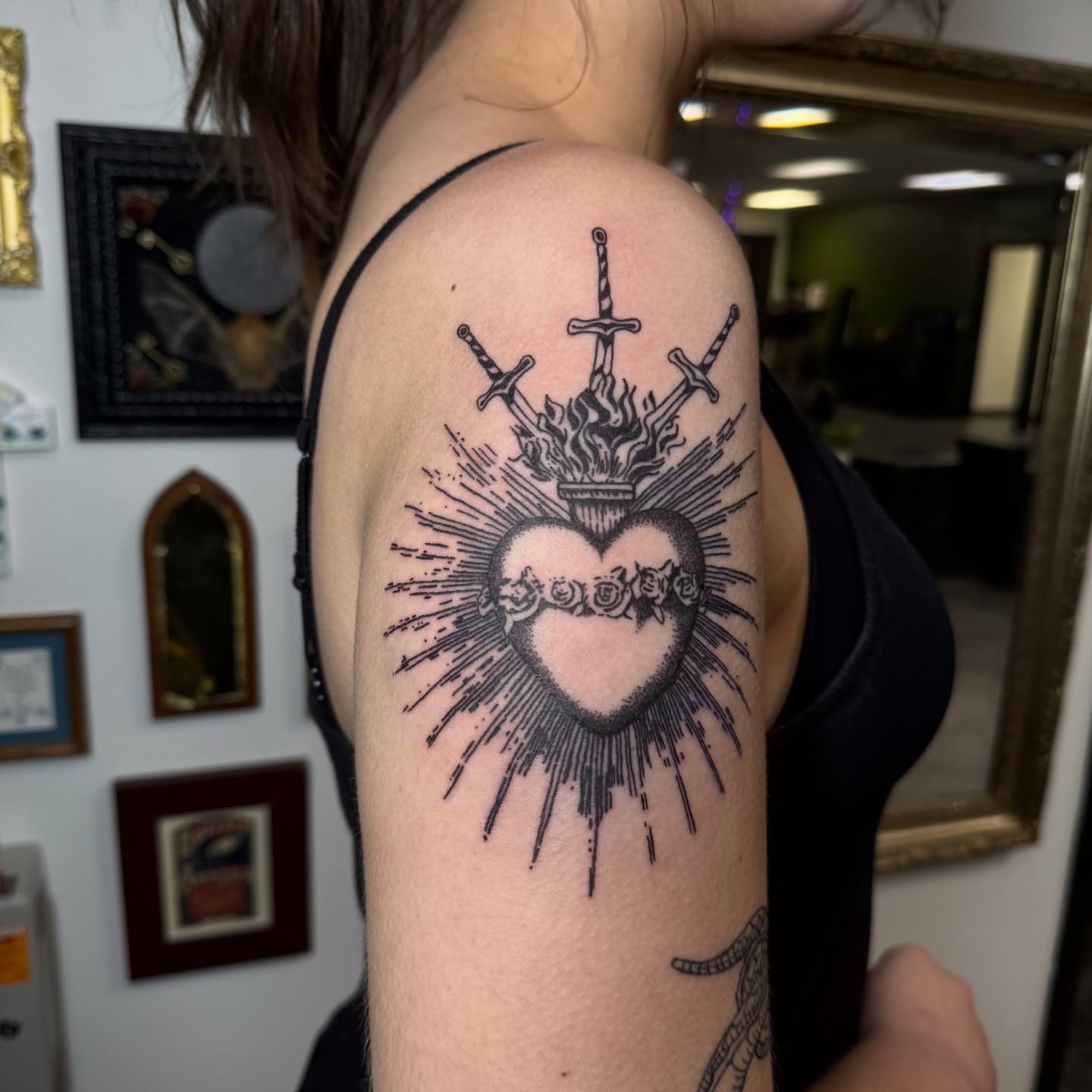 Heart with swords black and grey tattoo on the shoulder by 🌸Blossom🌸