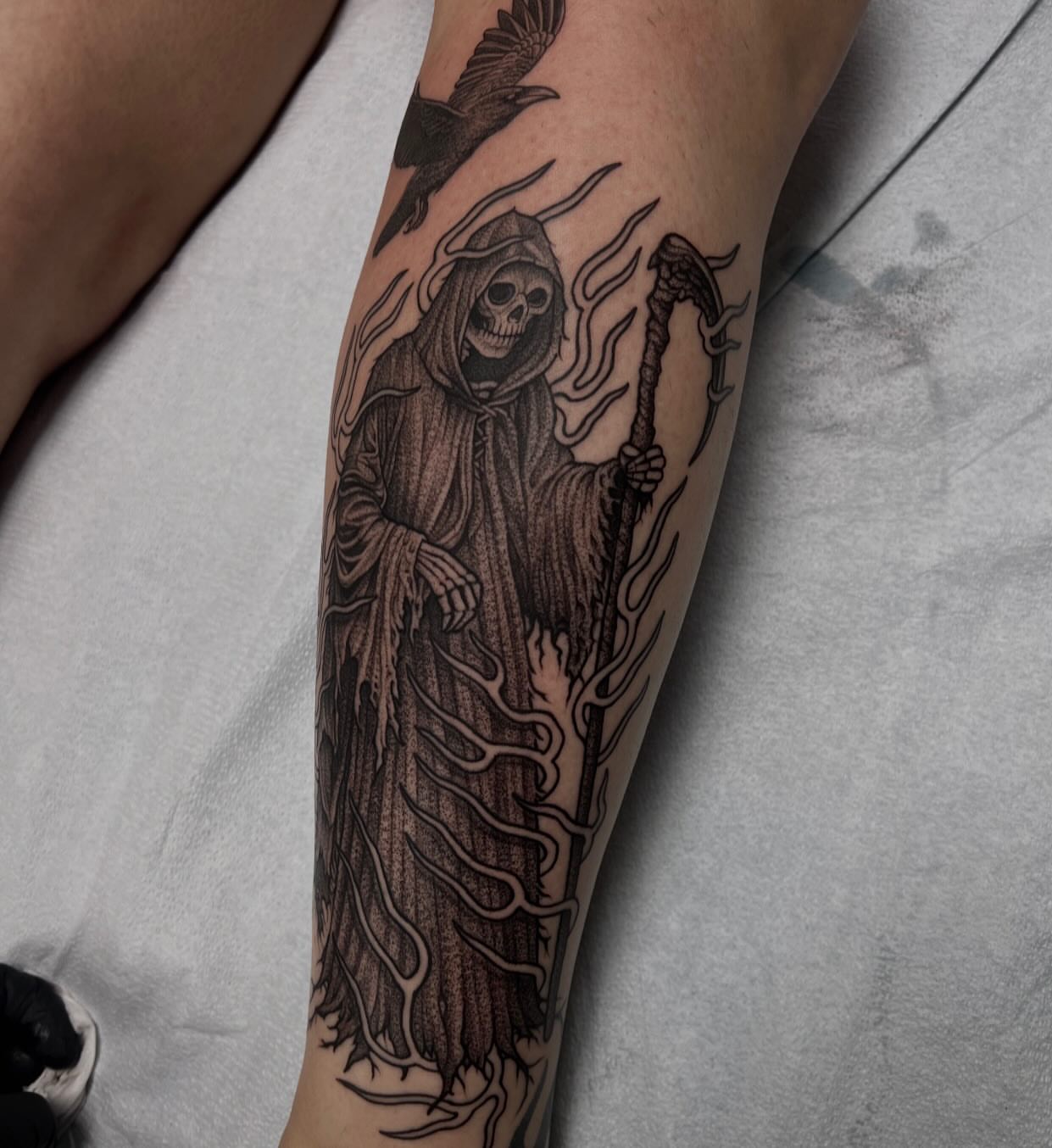 Grim reaper realism tattoo on the forearm by Austin Tattoo Artist