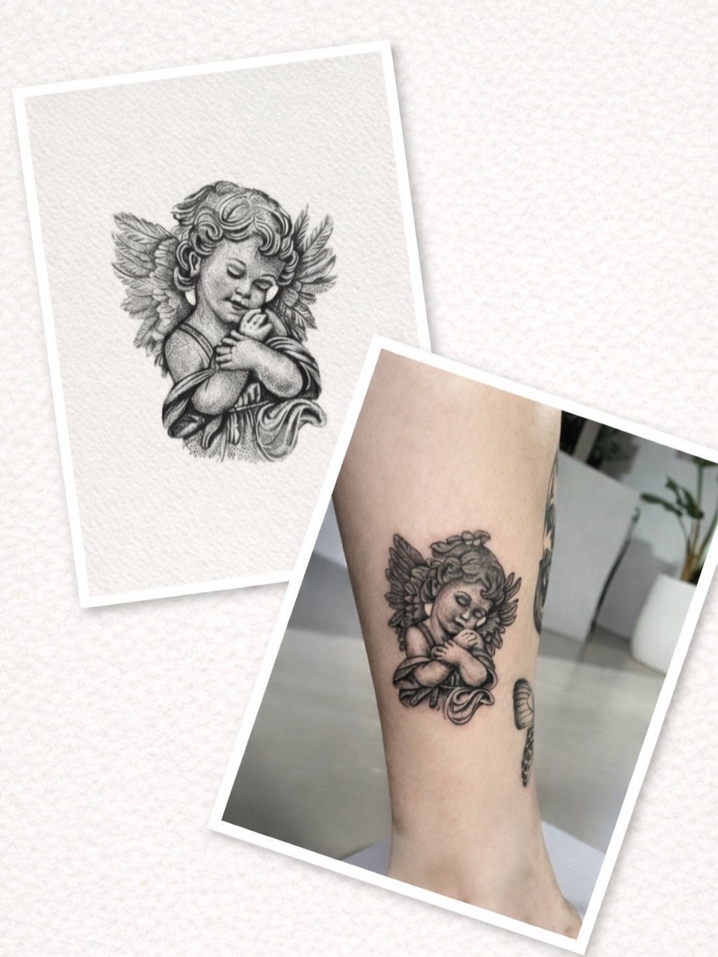 Cherub black and grey tattoo on the forearm by Lina Valentina, New York, New York