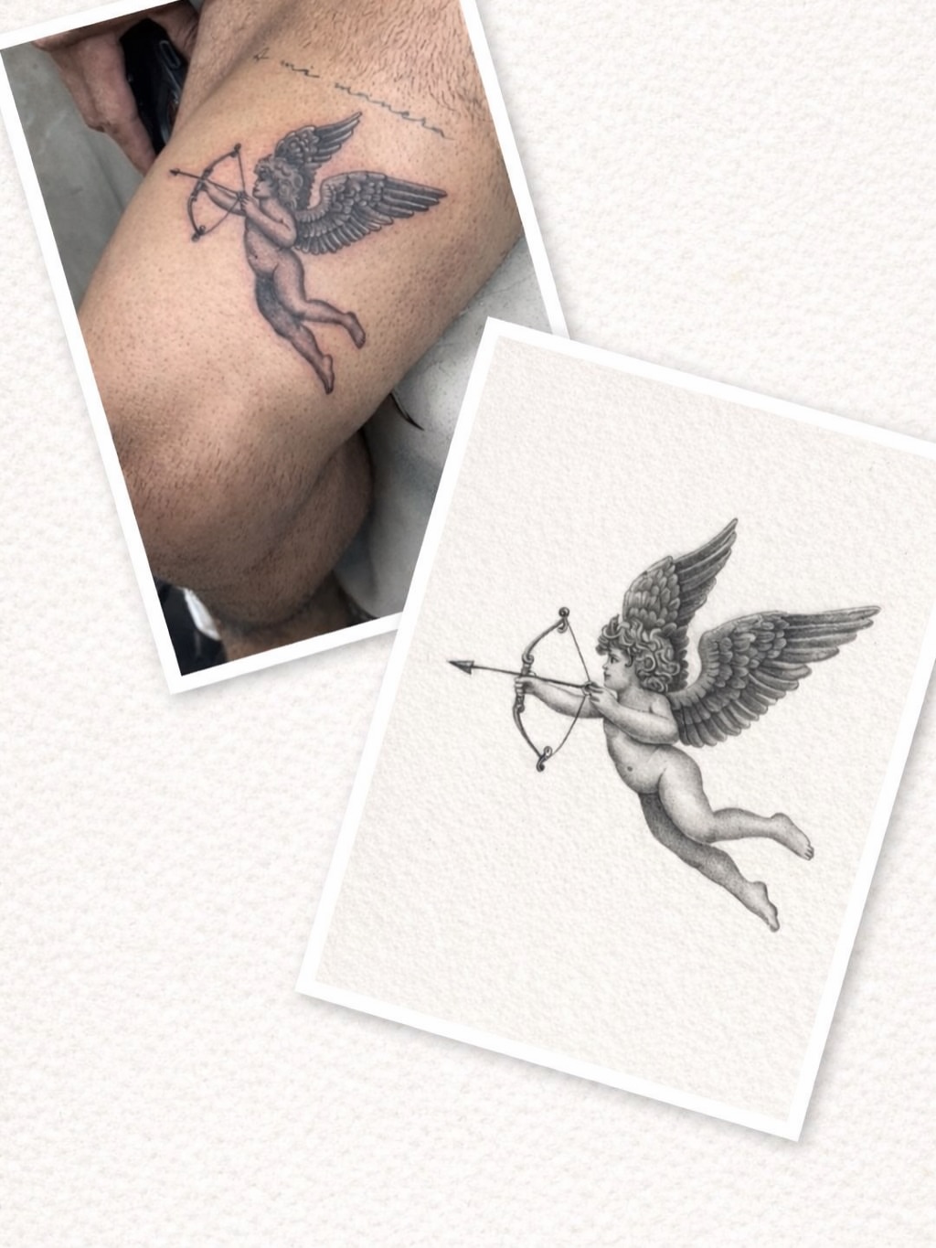 Cherub with bow and arrow black and grey tattoo on the forearm by Lina Valentina, New York, New York