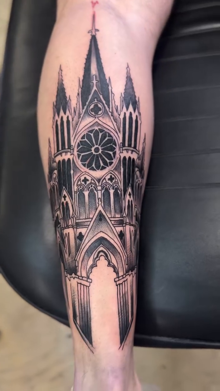 Gothic cathedral facade blackwork tattoo by H.G