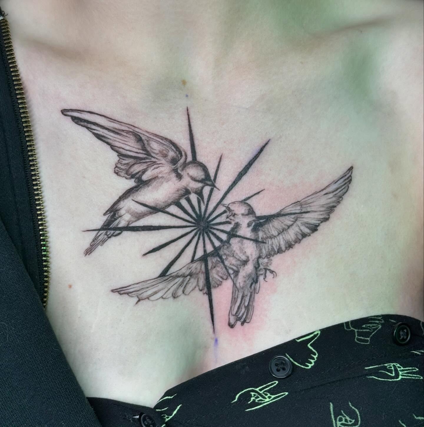 Birds and compass geometric tattoo on the chest by Nina Rush