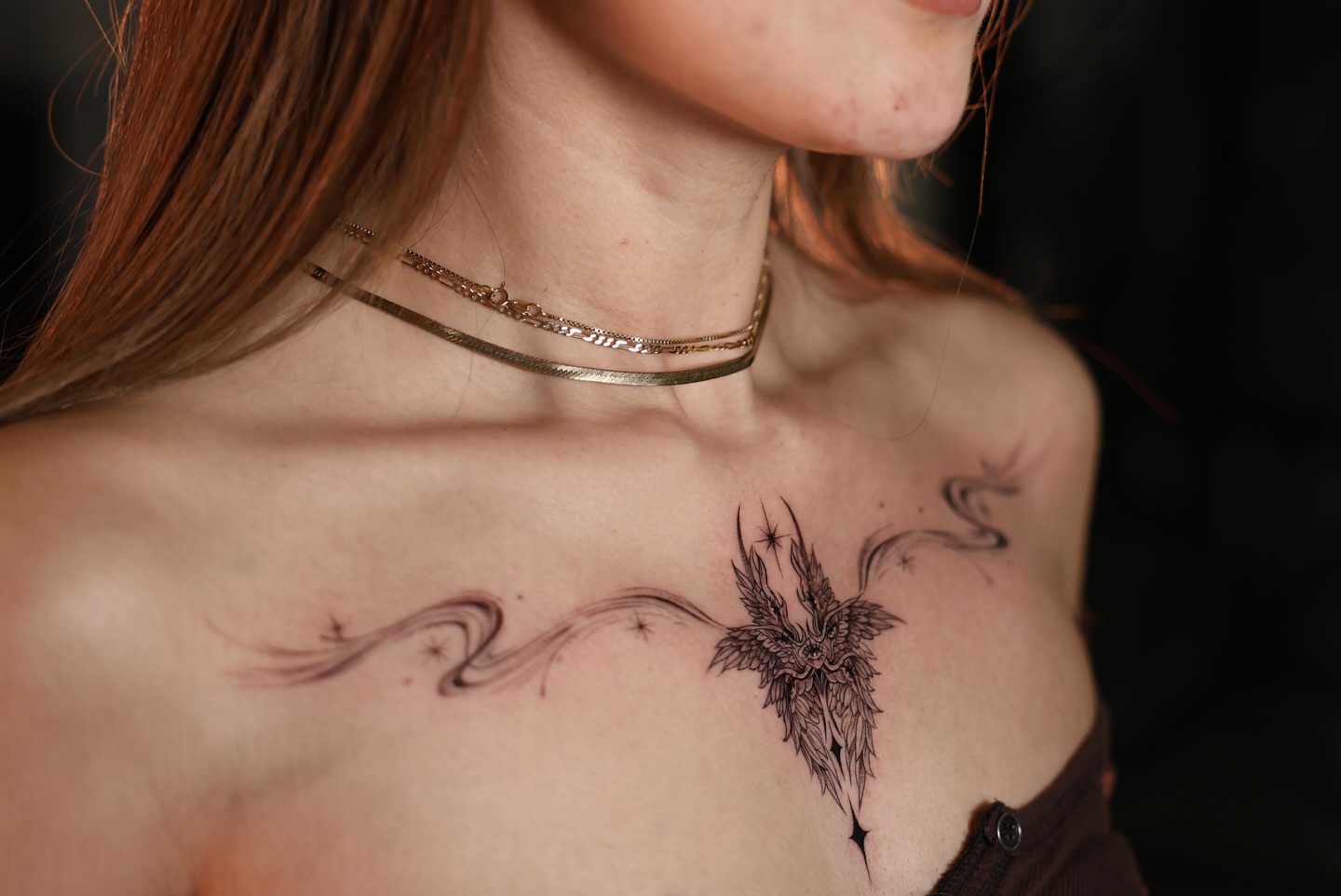 Winged creature black and grey tattoo on the chest by @katuvetattoo