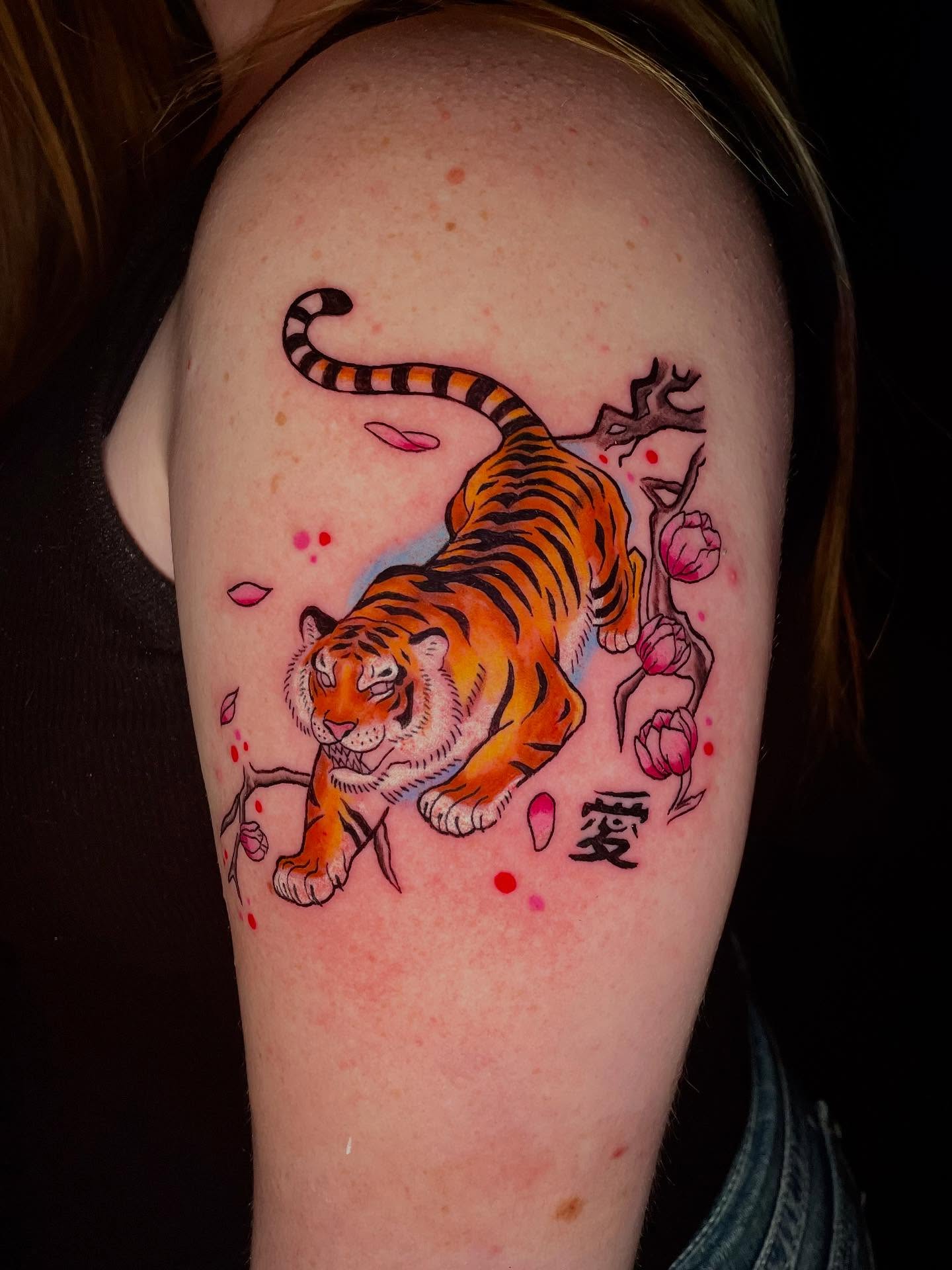 Tiger and cherry blossoms new school tattoo on the shoulder by ๐ท๐ซKevan๐๐ท