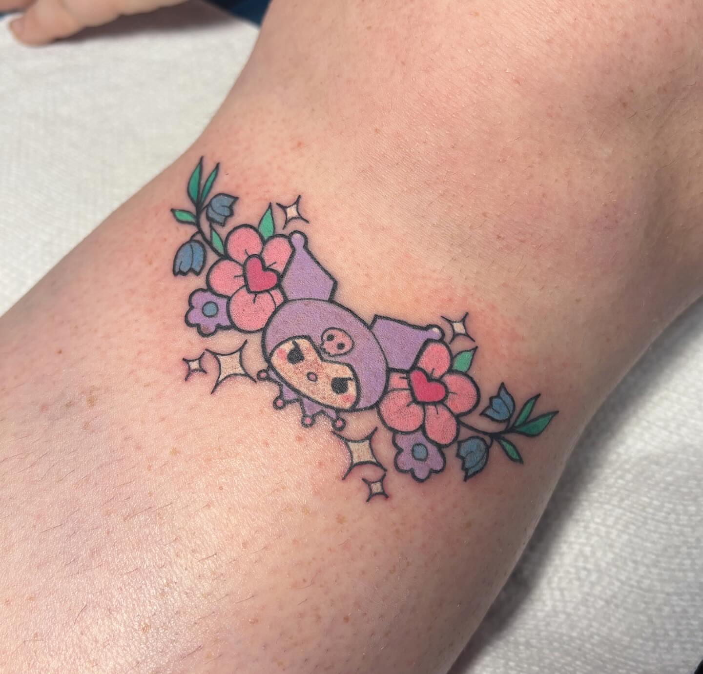 Chibi character with flowers new school tattoo on the forearm by ♡ Demi ♡